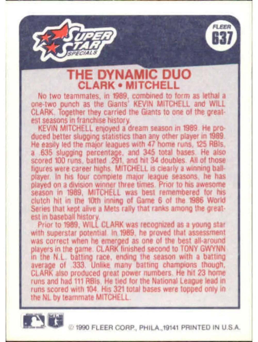 1990 Will Clark / Kevin Mitchell Fleer Baseball Card #637